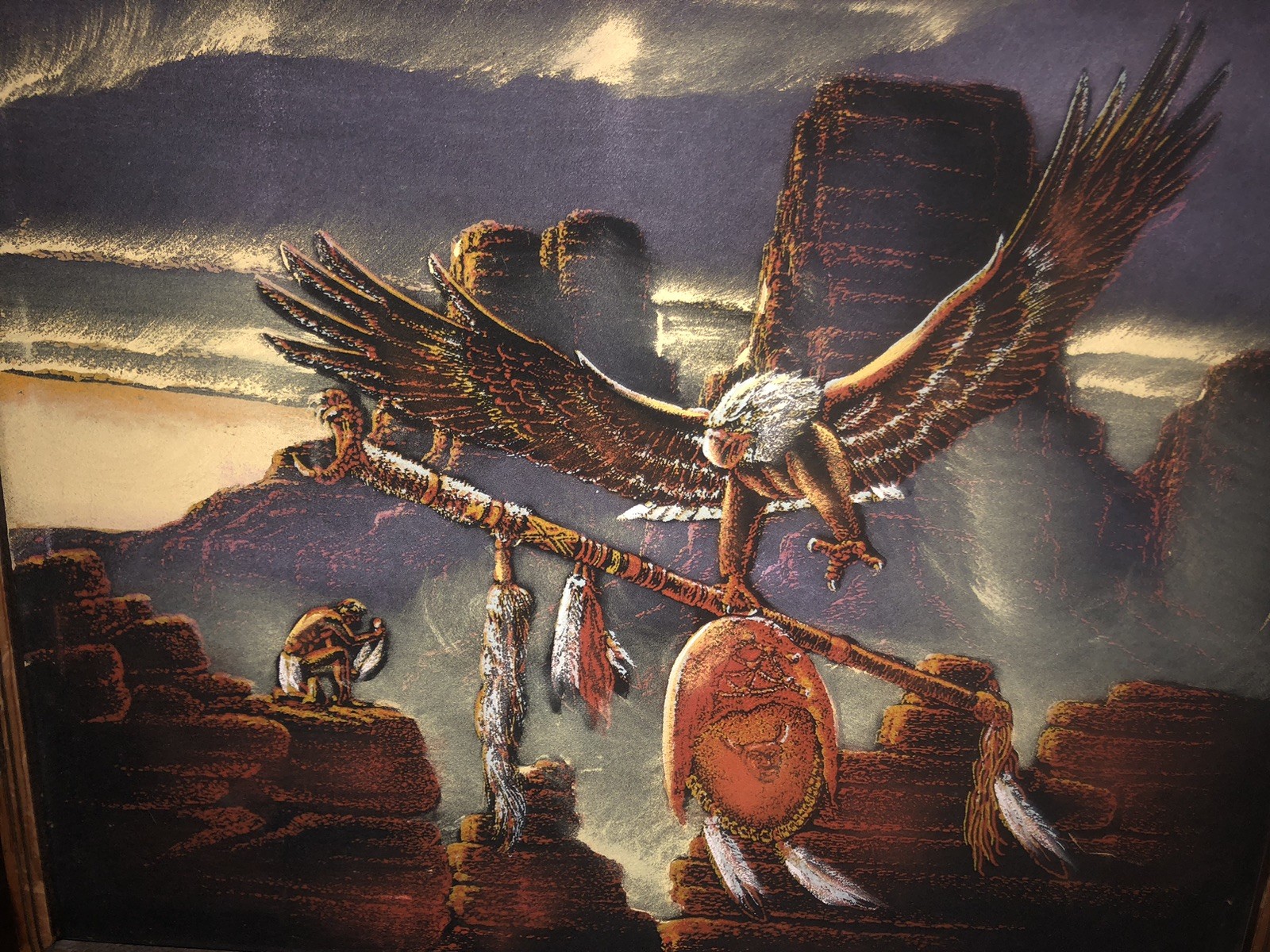 Vintage Velvet Eagle American Indian Painting Possibly Sanchez 60s 20″x25″