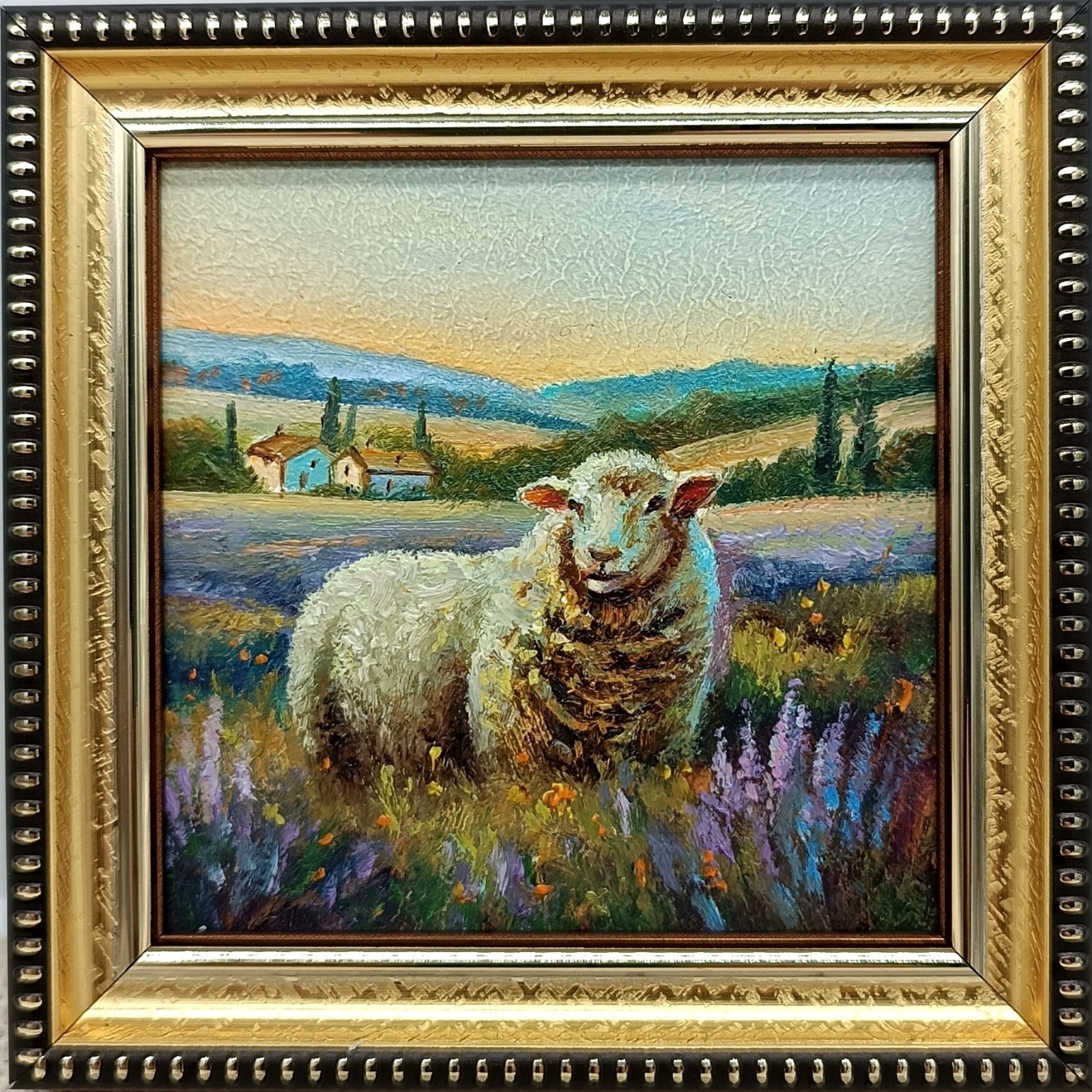 Sheep Original Oil Painting 4×4 Framed Signed Cute Lamb Lavender Landscape Art