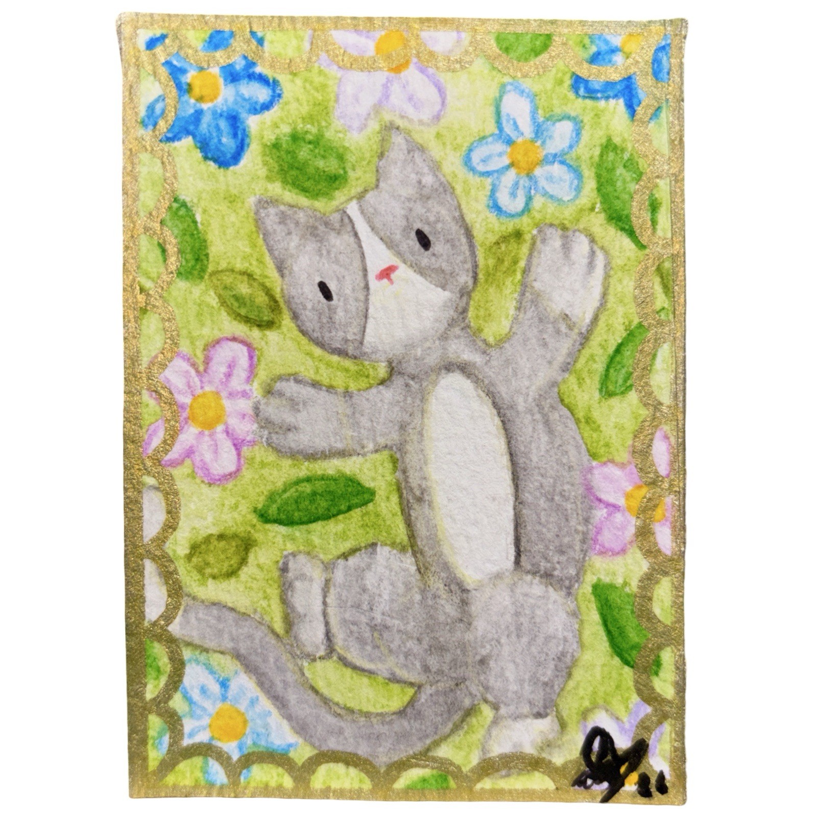 ACEO Watercolor Painting Gray Cat Flowers Gold Leaf Border OOAK Mini Art 2.5×3.5