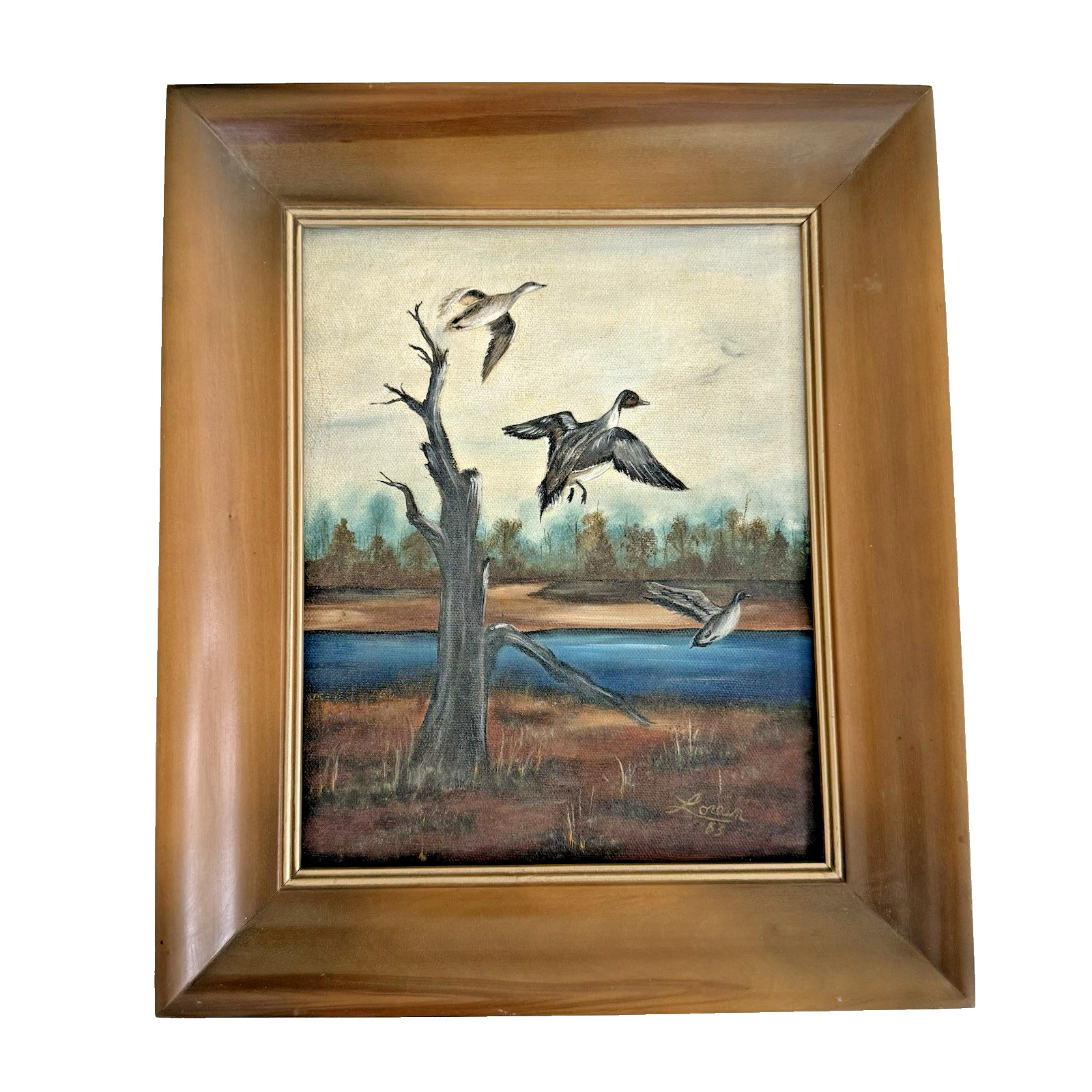 Vintage 1980s Framed Oil Painting Ducks in Flight Wildlife Signed Lorean 11 x 13