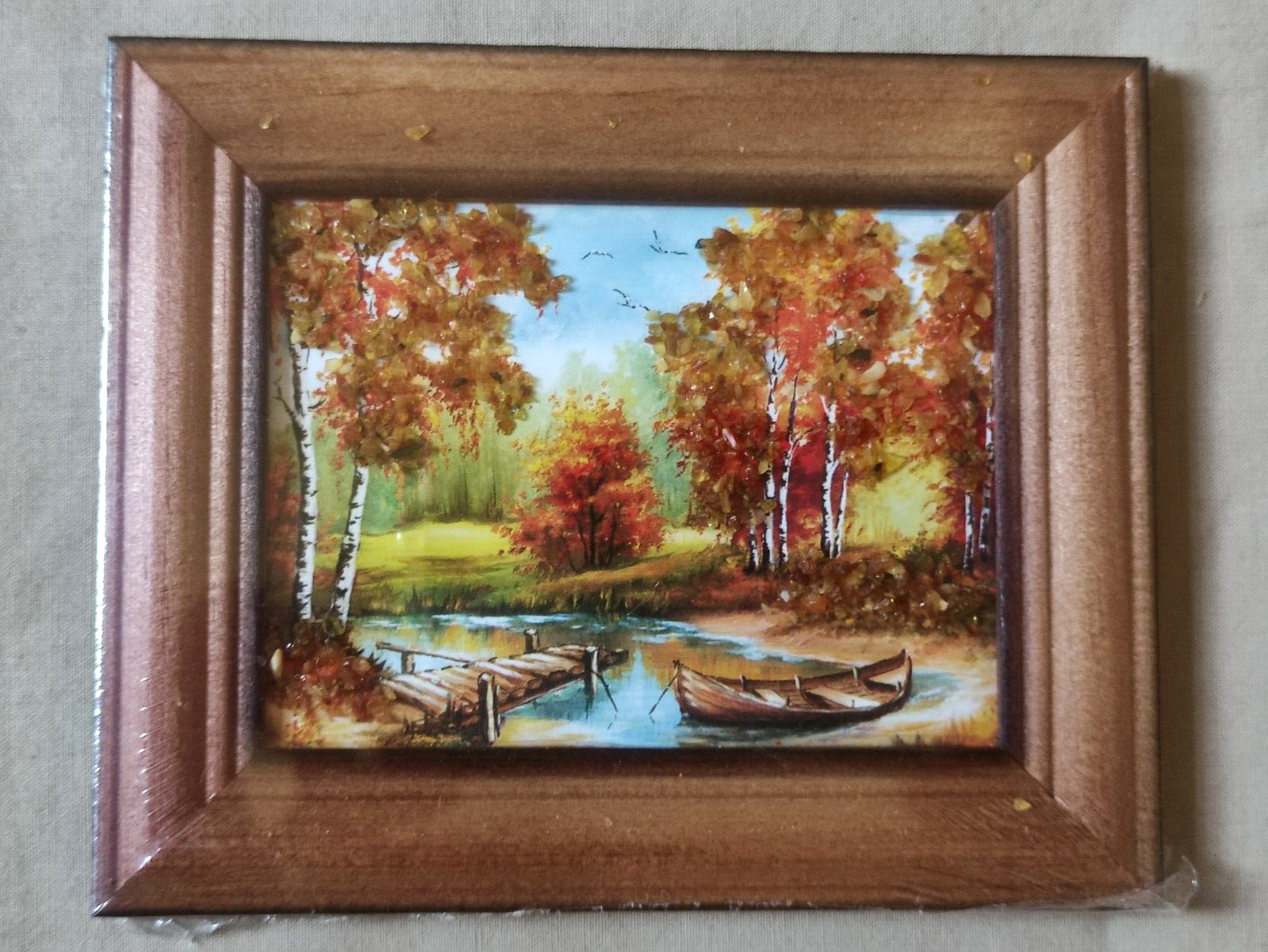 Painting From Amber Stones Autumn Landscape Boats Ukrainian Original