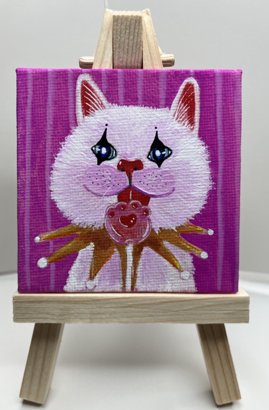 OOAK Original Painting Whimsical Cat with Lolipop 2.6×2.6 Canvas Board Unframed