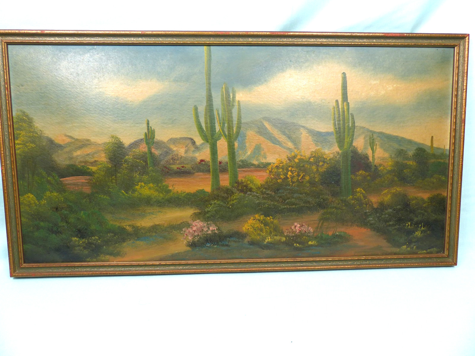 Antique or Vtg Arizona Southwest Desert Landscape with Cactus and Mountains