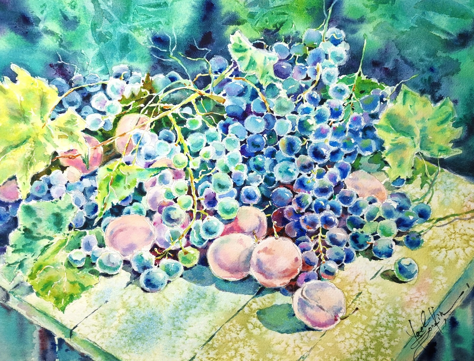 Original Watercolor Grapes and Peaches Painting – Fruit Still Life Art, 11″x15″