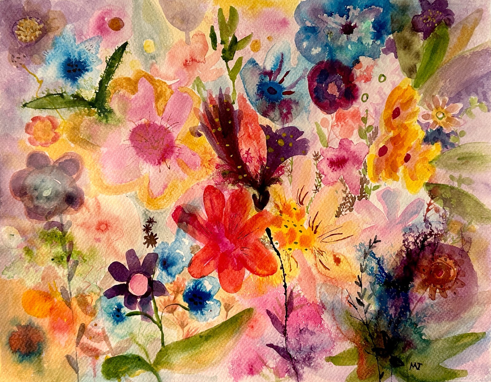floral fun original whimsical floral watercolor painting signed by artist