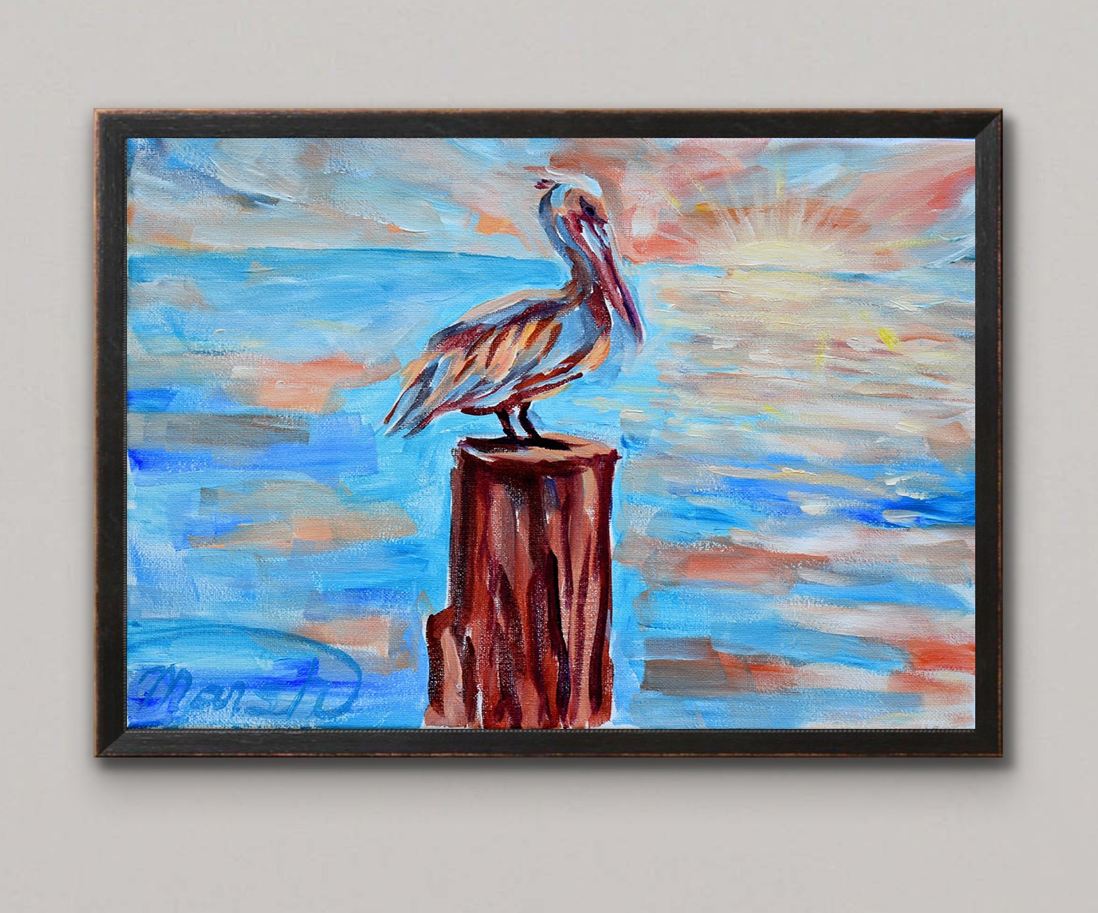 Original Abstract 11×14 Impressionist Pelican Painting Acrylic Canvas Signed