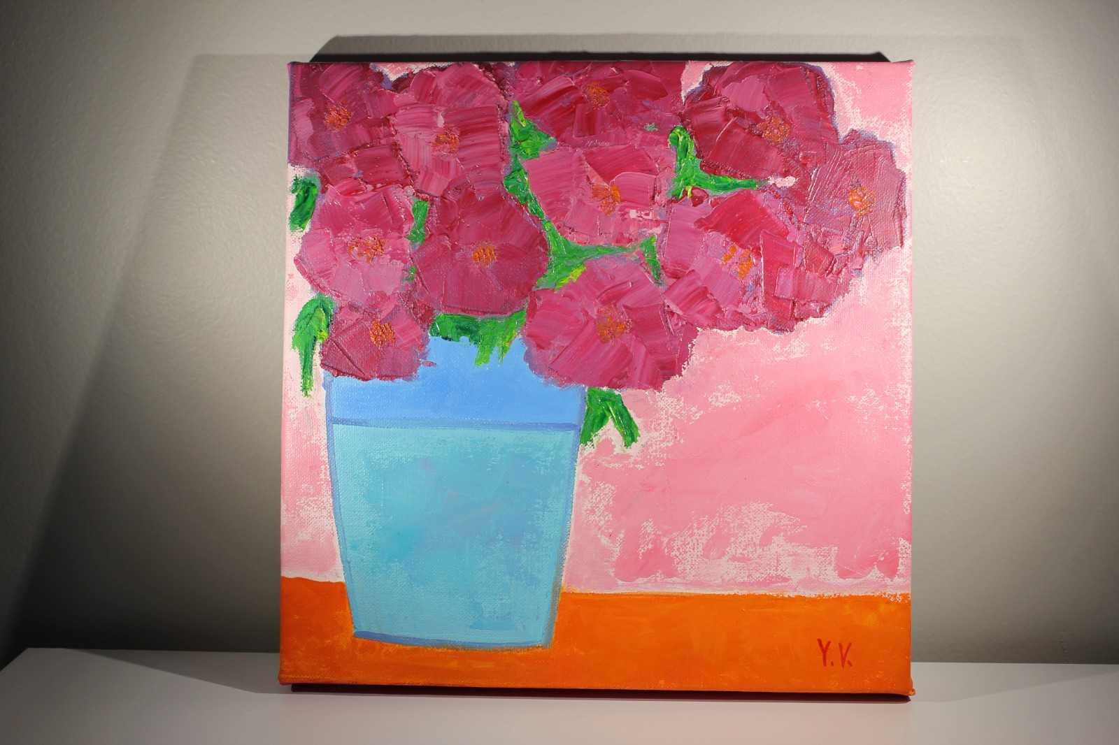 Original Oil Painting 11.5×11.5 in Pink Flowers in Blue Vase by Valentyn Yudin