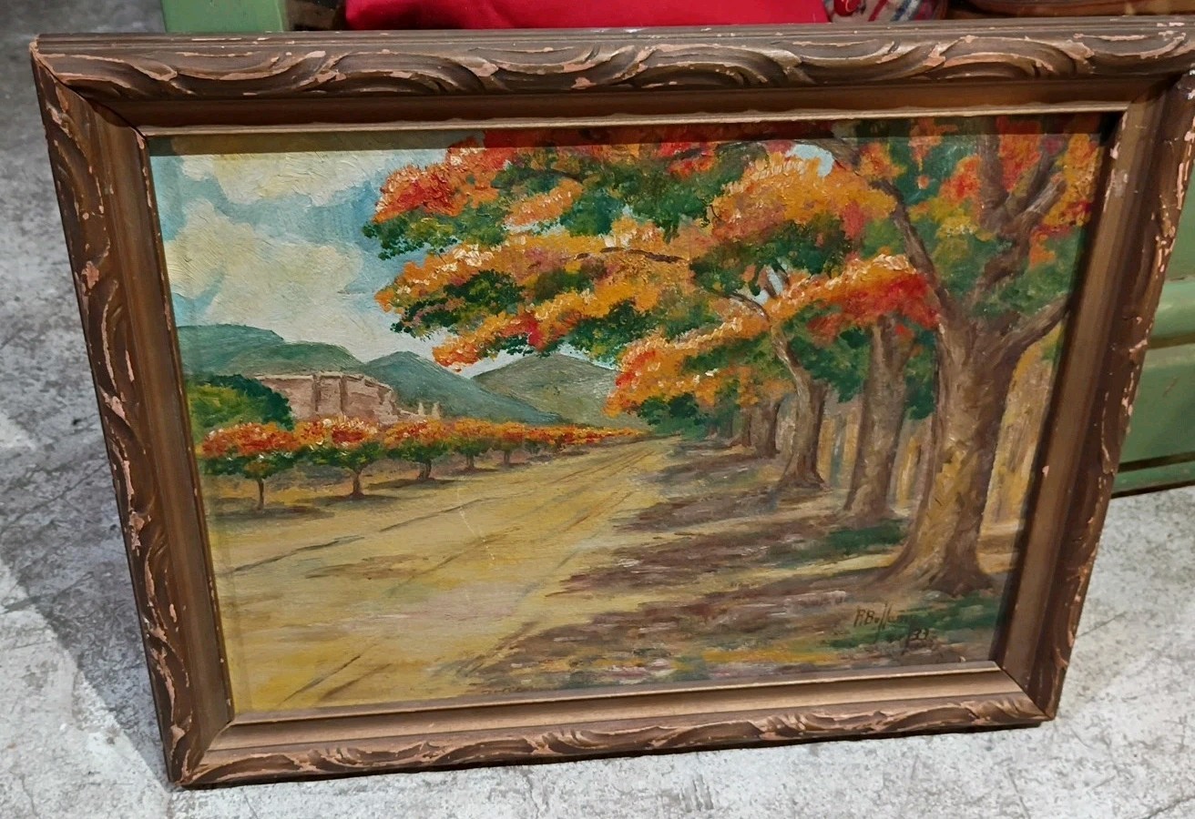 Autumn Orange Trees Along Pathway In Valley 1930’s Oil Painting Signed