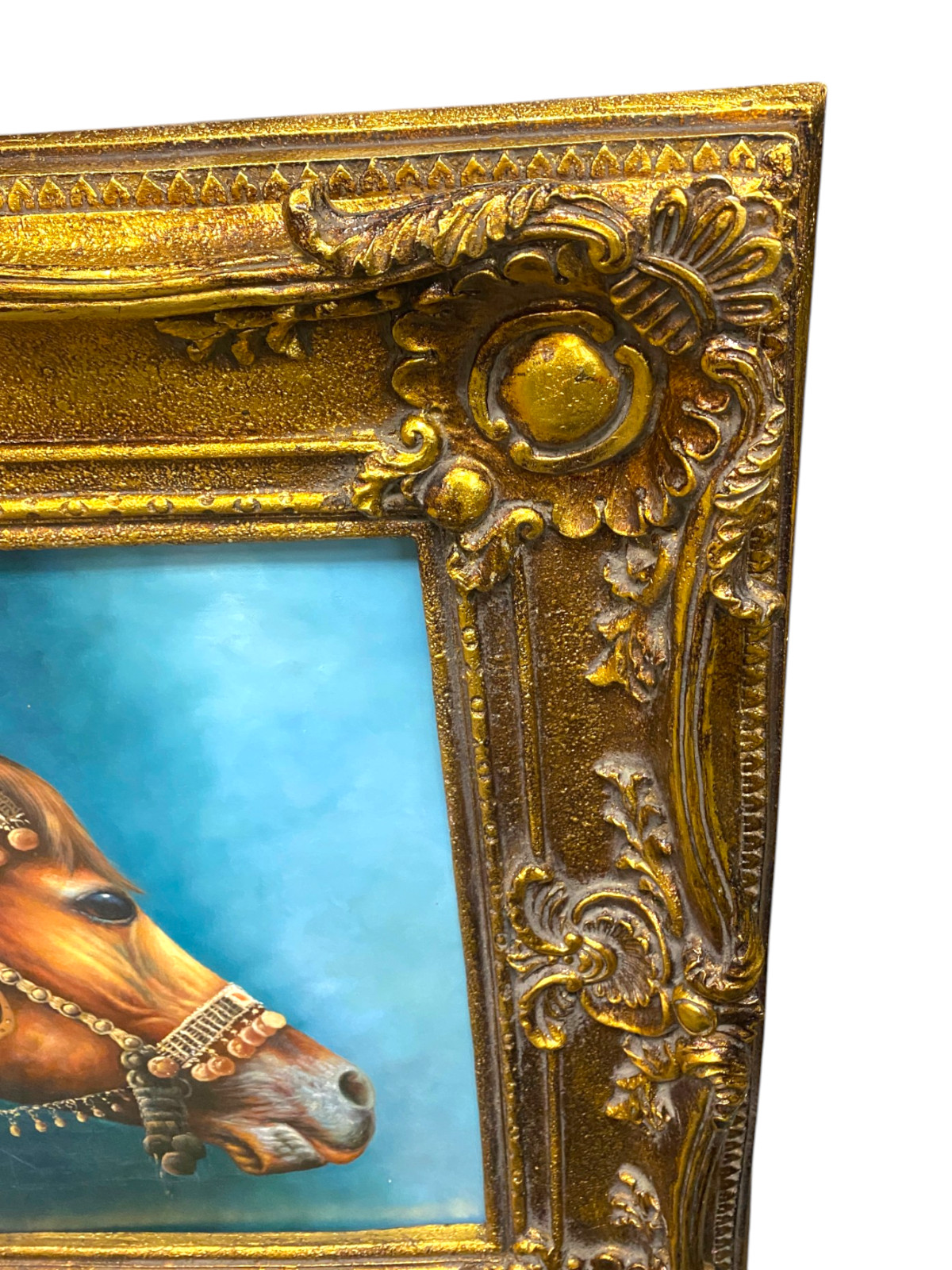 Arabian Horse Oil Painting Ornate Gold Frame Dubai Royal Equestrian Racing Art U