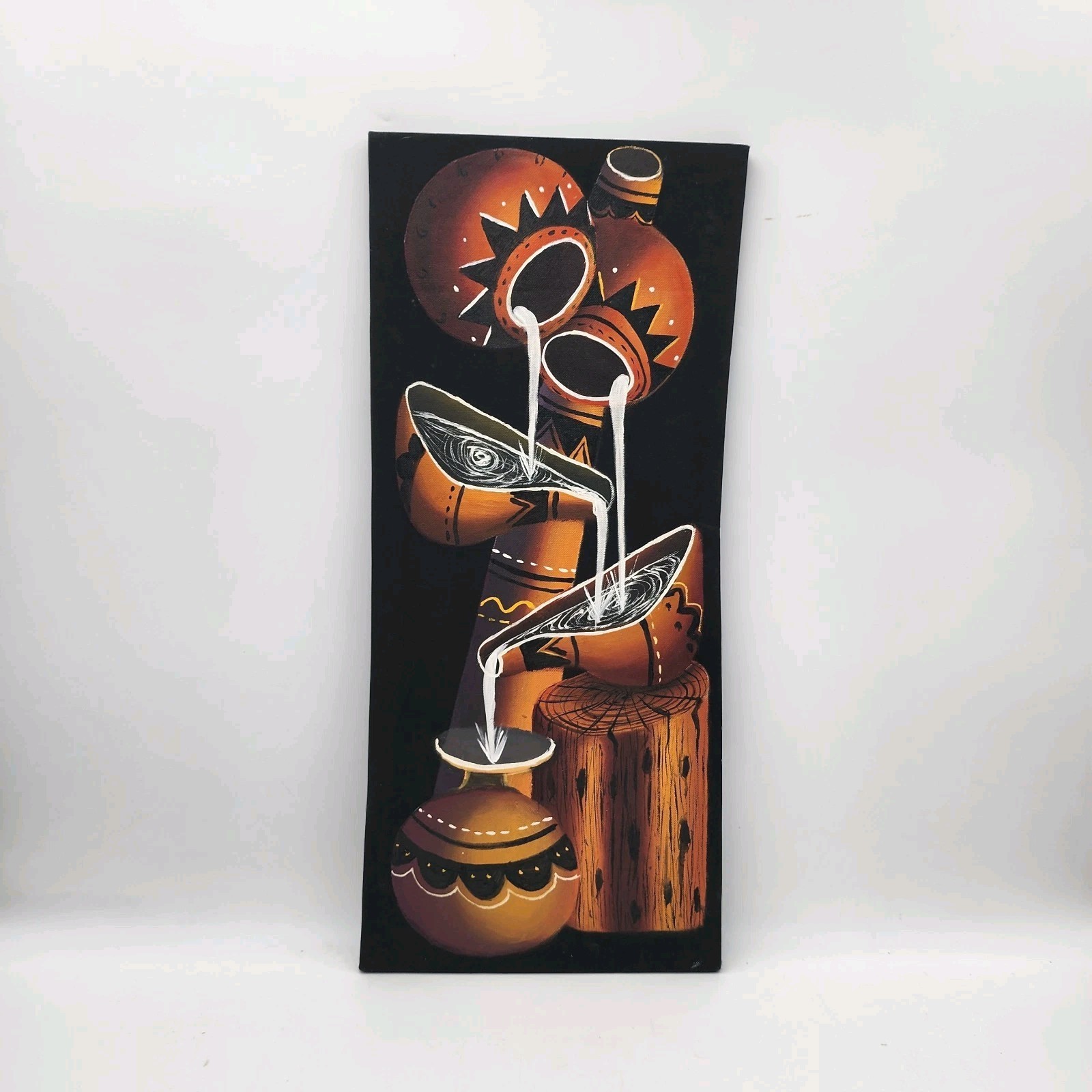 African Tribal Art Painting Calabash Gourds Pouring Water Handmade Canvas 12×25