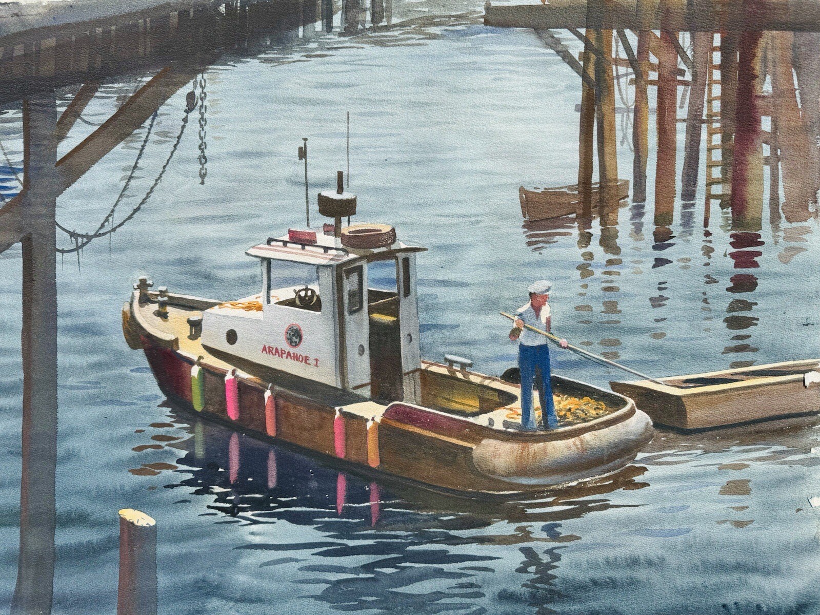 Vintage Post War Impressionist Harbor/Flower Watercolor Painting J Bohnenberger
