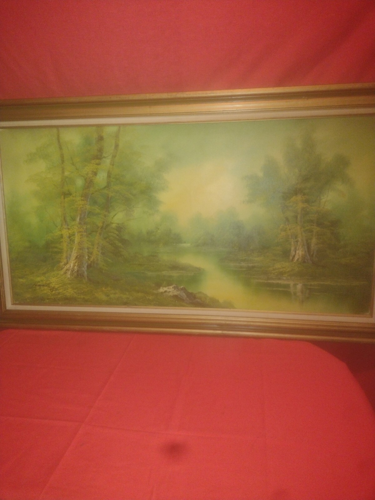Large Wooded Lake Landscape Painting Signed Hanrey’