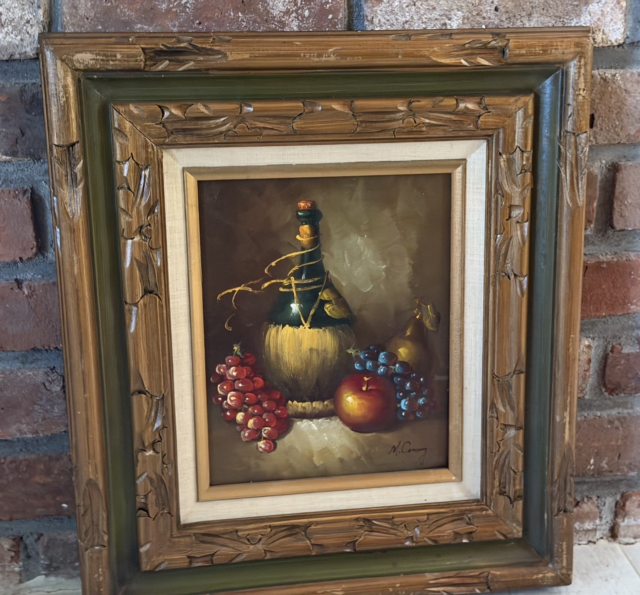VTG OIL CANVAS Board PAINTING SIGNED M.Connery STILL LIFE WINE GRAPES-GOLD FRAME