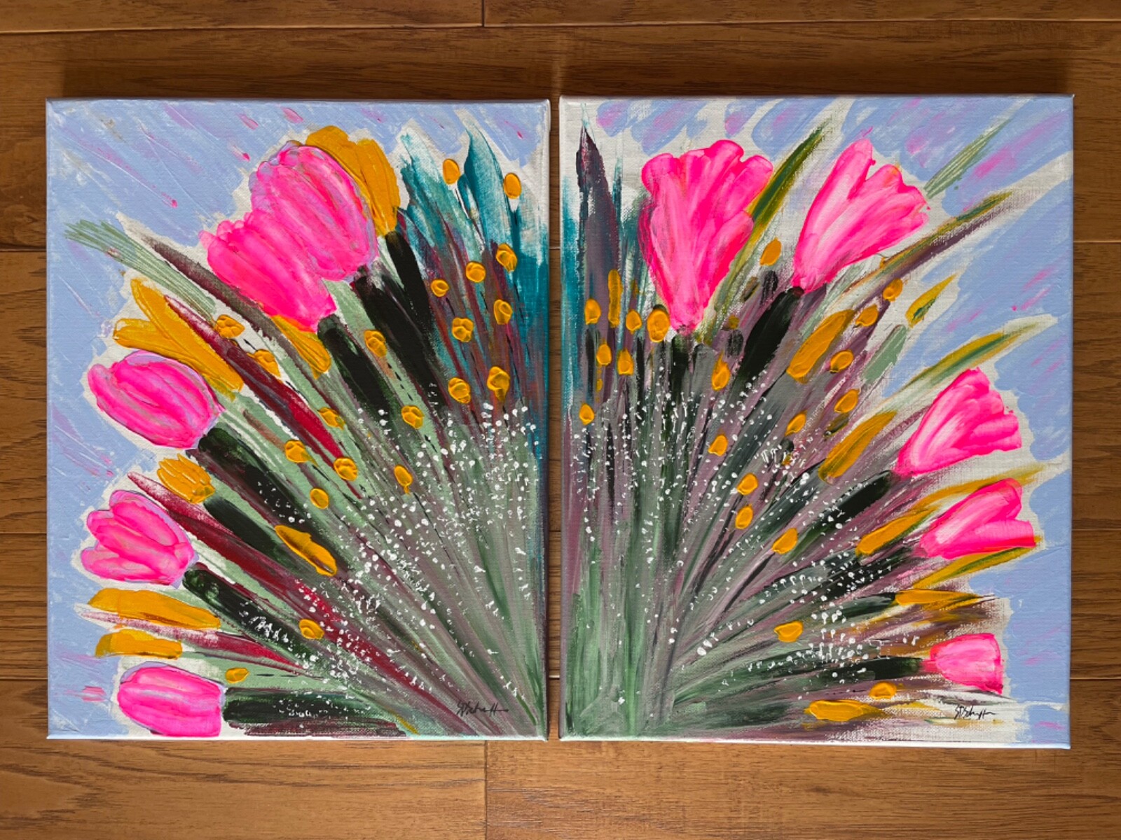 PINK BOUQUET FLOWERS Set of 2 ACRYLIC PAINTINGS 11×14 CANVAS by SDSchwitters
