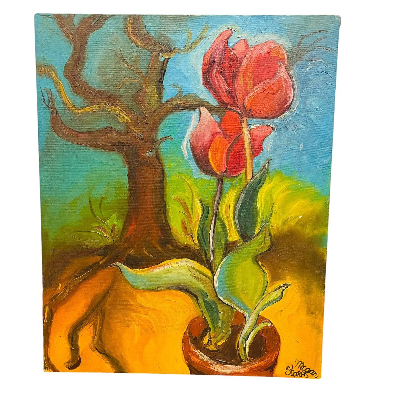 Floral Tulip OIL On Canvas Painting Signed Megan Starr 1971 Unframed 16×20