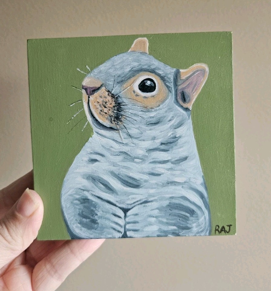 Gray Squirrel Original Painting Oil on Wood Panel Art Home Decor Signed Artwork