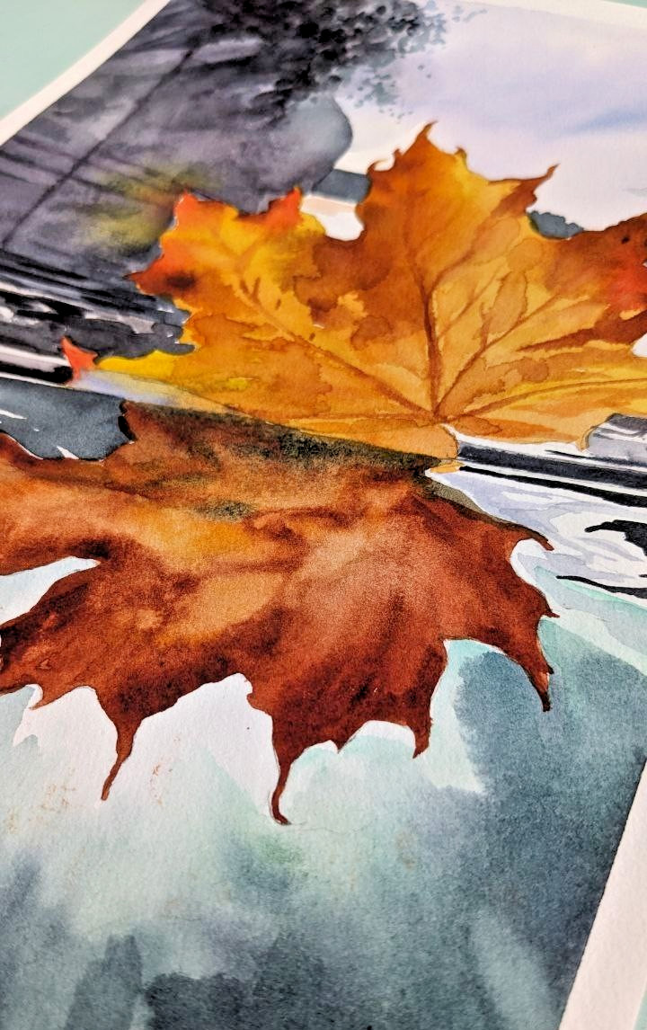 Autumn Orange Leaf in Puddle Reflection Watercolor Painting Seasonal City A4 Art