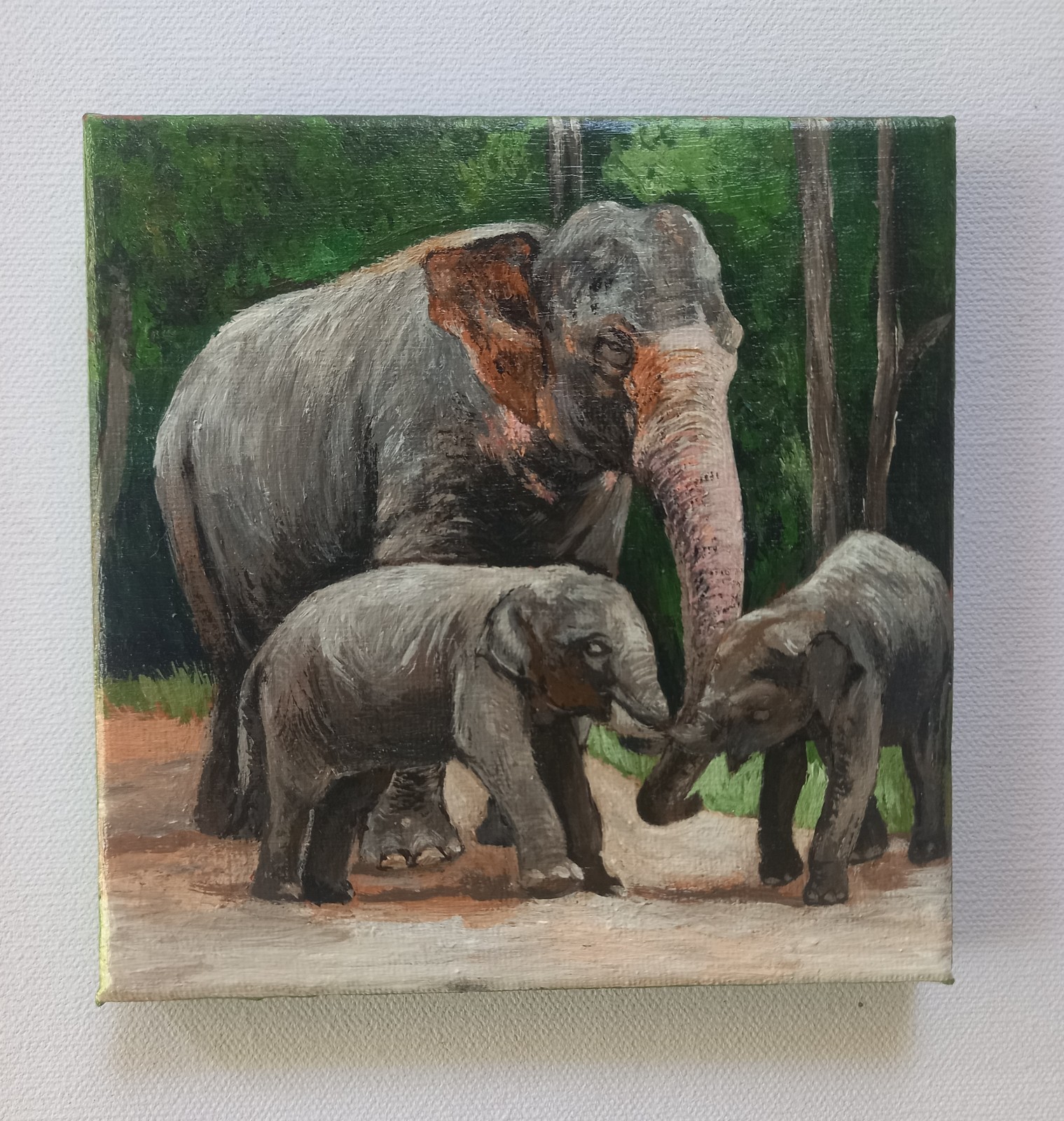 Original Handmade Canvas Art – Elephant Family (Mother with Two Baby Elephants)”