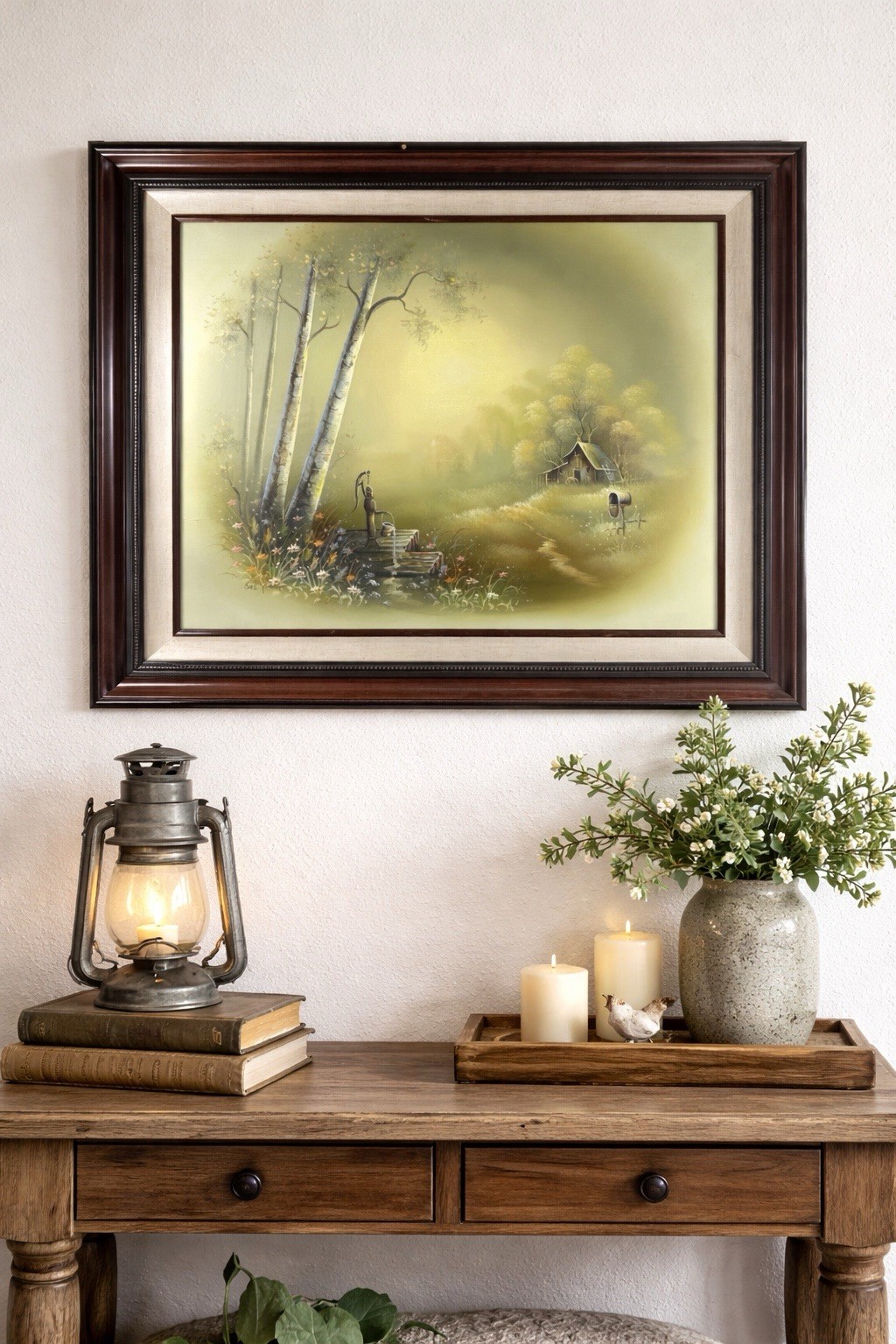 Sue Young Oil Painting 31×27 Country Cabin Landscape Pump Flowers Framed Art