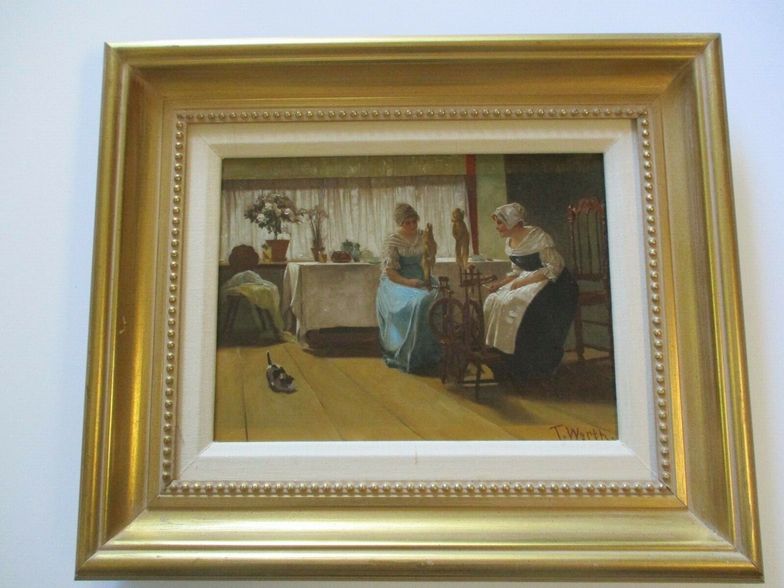 ANTIQUE THOMAS WORTH OIL PAINTING WORKED FOR CURRIER AND IVES WORKER WOMEN RARE