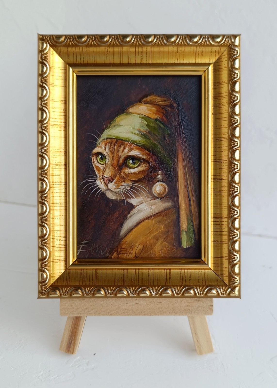 ACEO Cat with Pearl Earring Oil Painting Framed Original Artwork 2.5×3.5 in