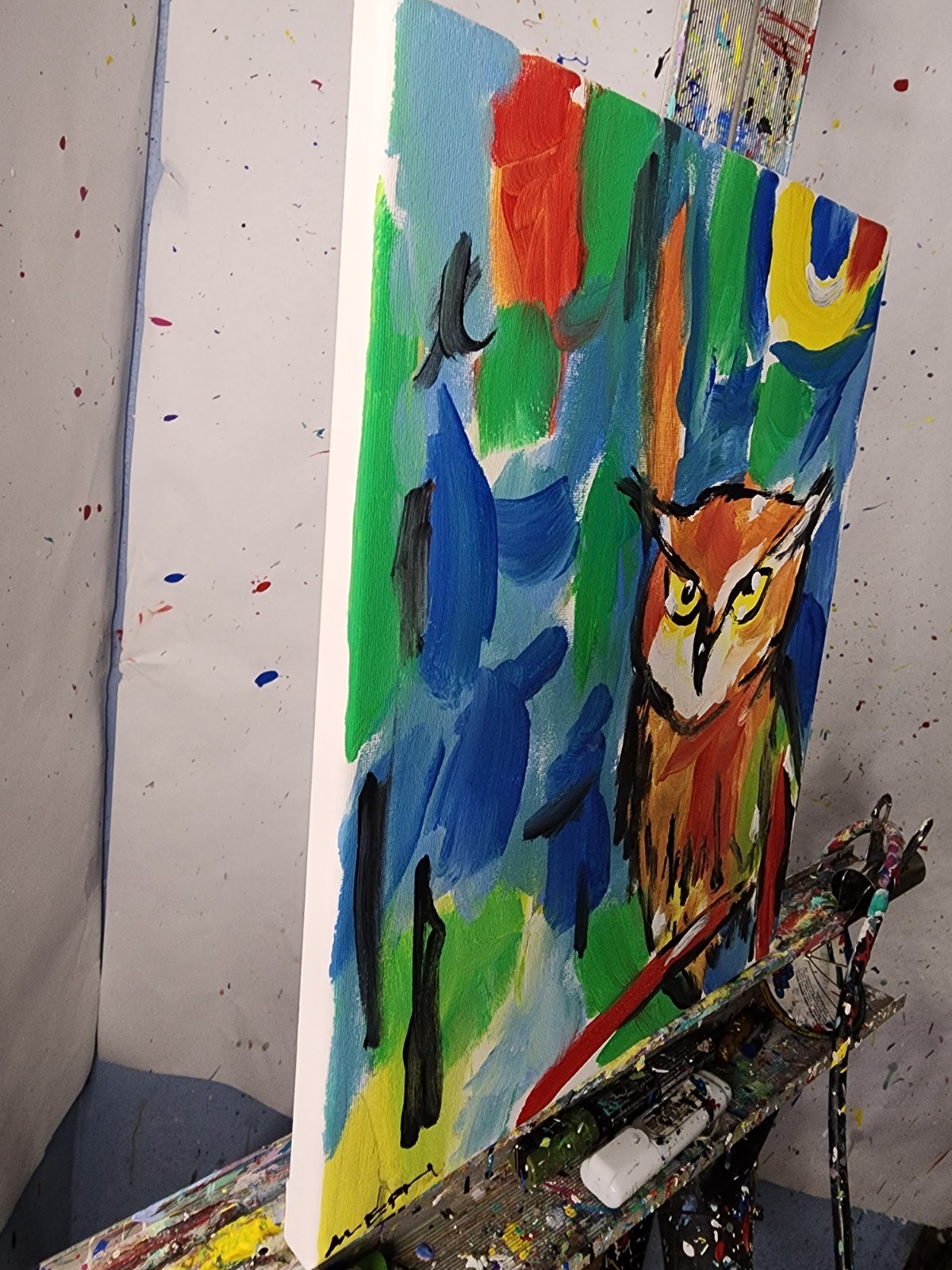 Original Owl Painting Abstract Expressionist Canvas 14×11 Bird of Prey Wall Art