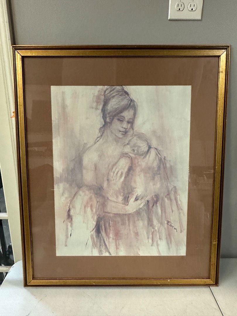Signed MCM Lithograph “Mother and Child” – 3+ ft Large Size 39.5”x33.5” Vintage