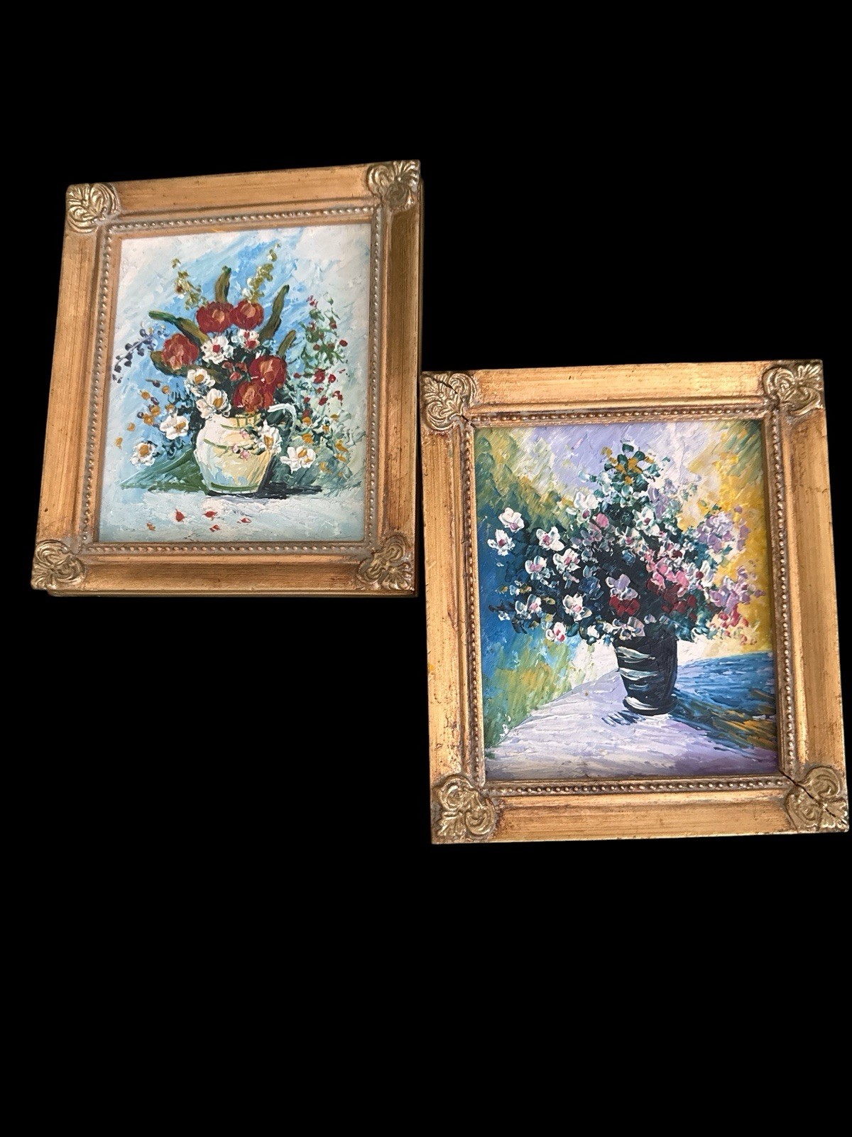 Set Of 2 Original Acrylic Floral Art Ornate Gold Tone Frames 6 1/4” X 7 1/4”