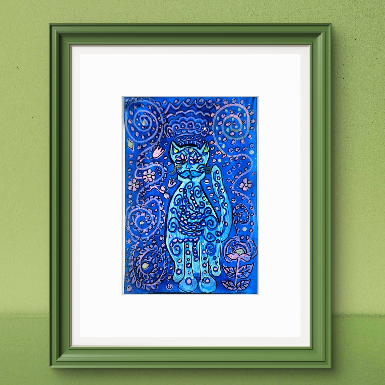 Mystical Cat Contemporary Expressionist Original Art Acrylic On Paper 9×6 Signed