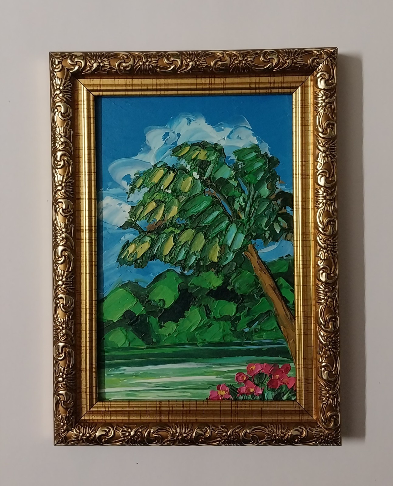 Framed Hawaii Palm Seashore Green Seascape 4×6” Impasto Oil Painting Original