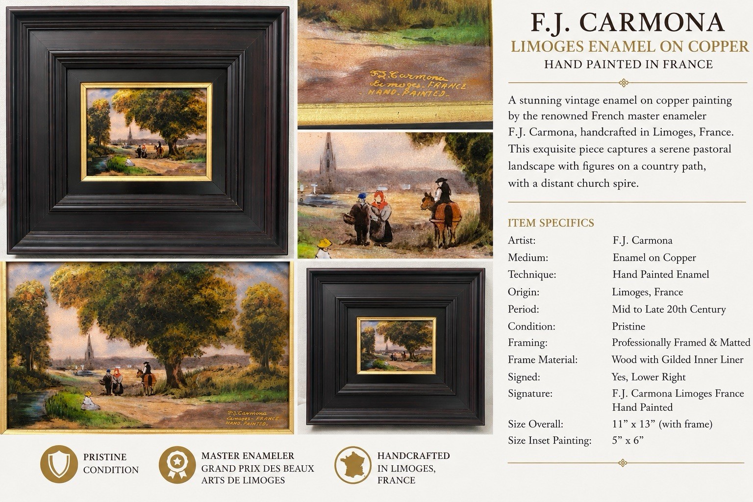 Vintage F.J. Carmona Limoges France Enamel on Copper Painting French Pastoral