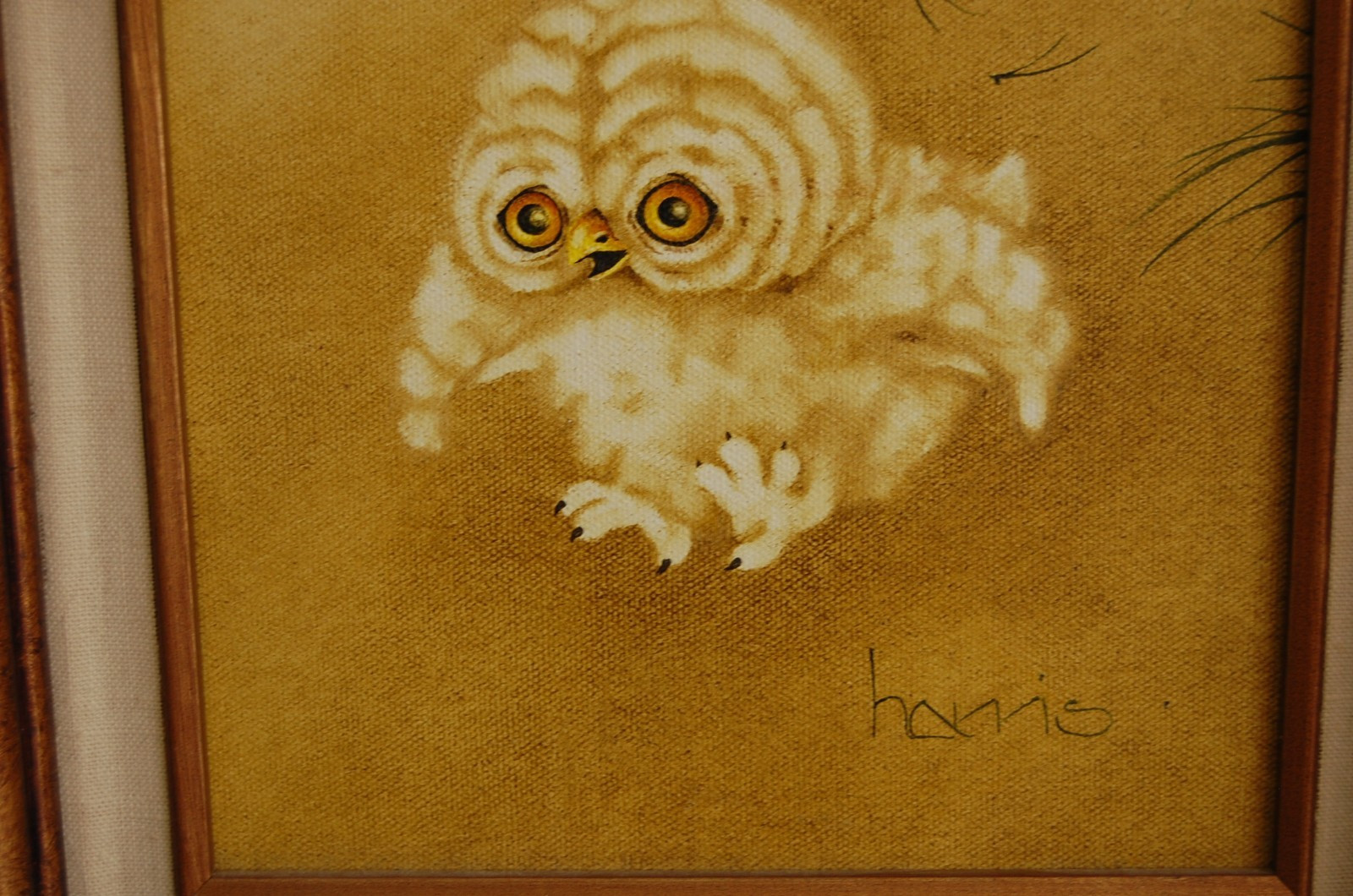 VTG 1984 FRAMED SIGNED PEGGY HARRIS ORIGINAL SMALL OWL OIL PAINTING «GERONIMO!»