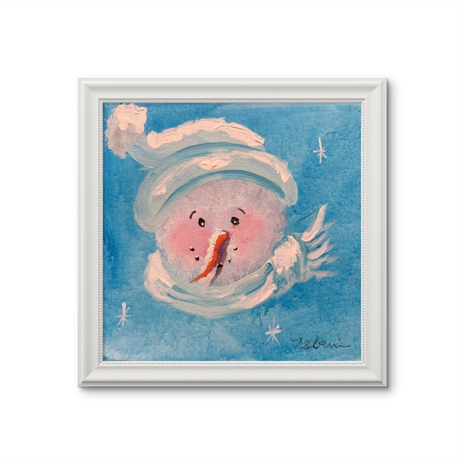 OOAK Original Small 8”X 8” Acrylic-Holiday Snowman with Aquamarine Hat