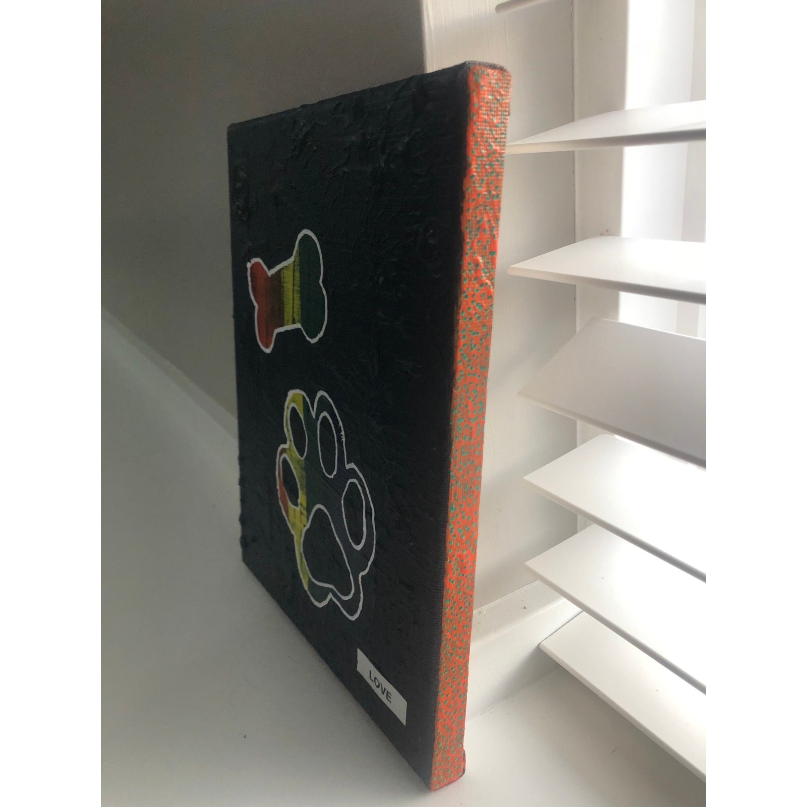 Handmade Acrylic Painting Canvas Puppy Doggy Love Black Rainbow 10″x8″x.75″ Art