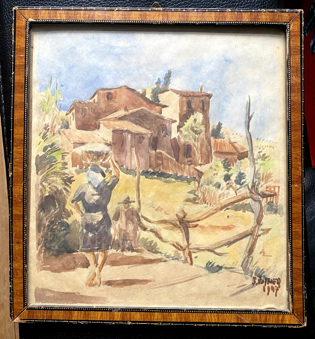 ::WATERCOLOUR WOMAN AGAINST MEDTERRAN BACKDROP °ILLEGIBLE SIGNED ANTIQUE 1947 FRAME