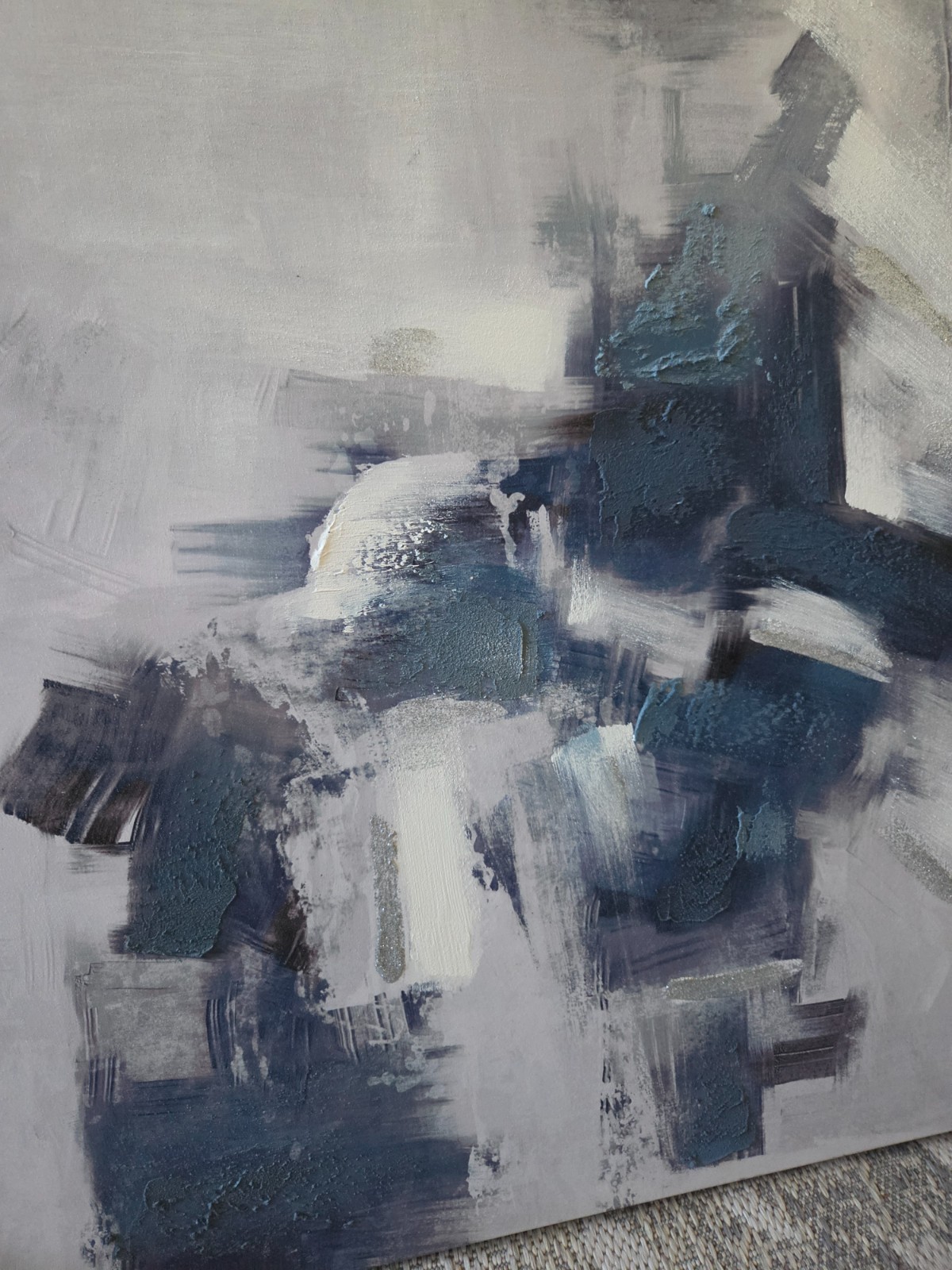 Contemporary Abstract canvas painting 31.5 x 31.5 shades of blue white and gray