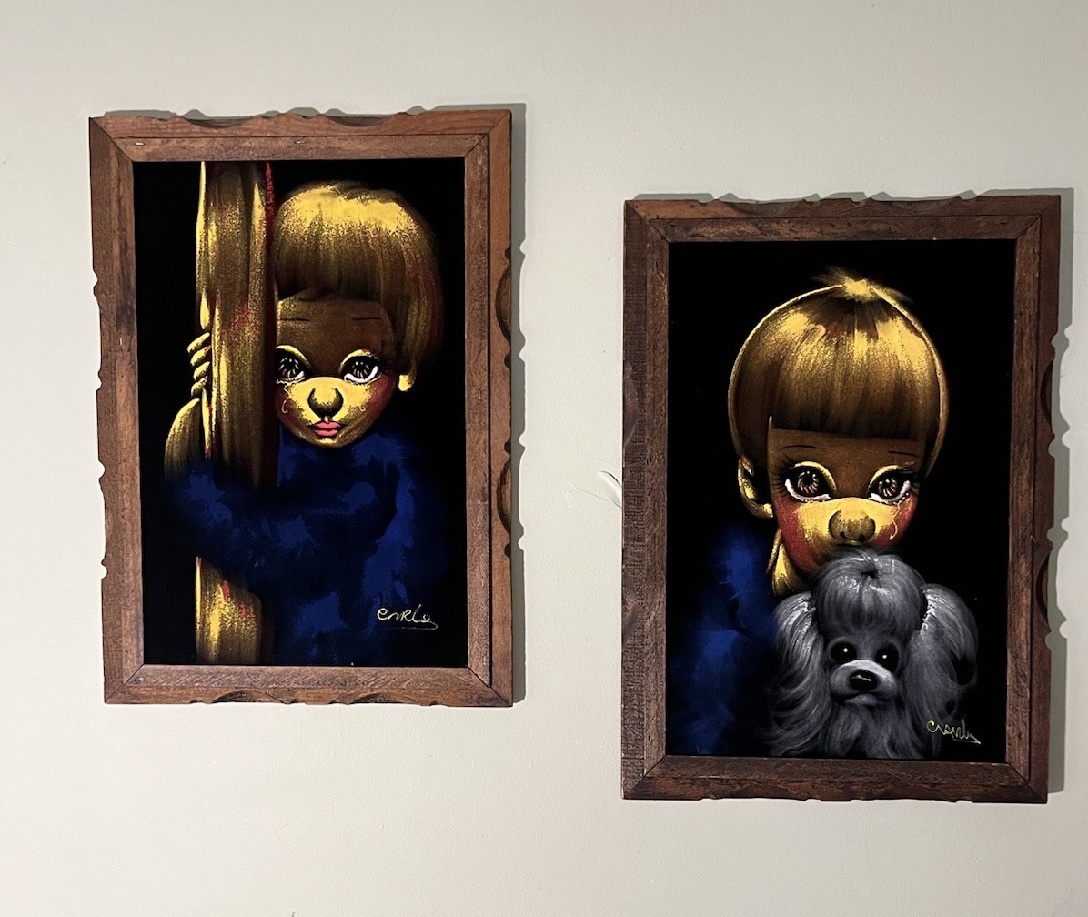Vintage ‘Big Eye’ Sad Kids + Puppy Velvet Paintings Pair, Made in Mexico, Kitsch