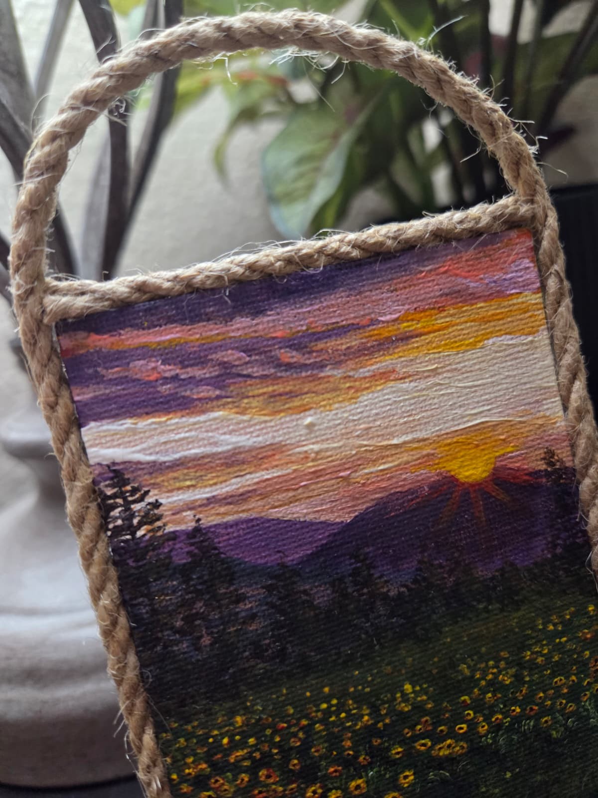 Original Wildflowers Sunset Mini Canvas Acrylic Fridge Magnet Painting 4.2×3 In