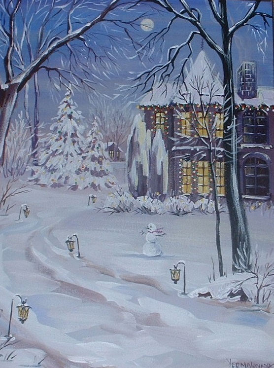 4×6 CHRISTMAS PRINT OF PAINTING RYTA LANDSCAPE WINTER SNOWMAN HOLIDAY ART FOLK