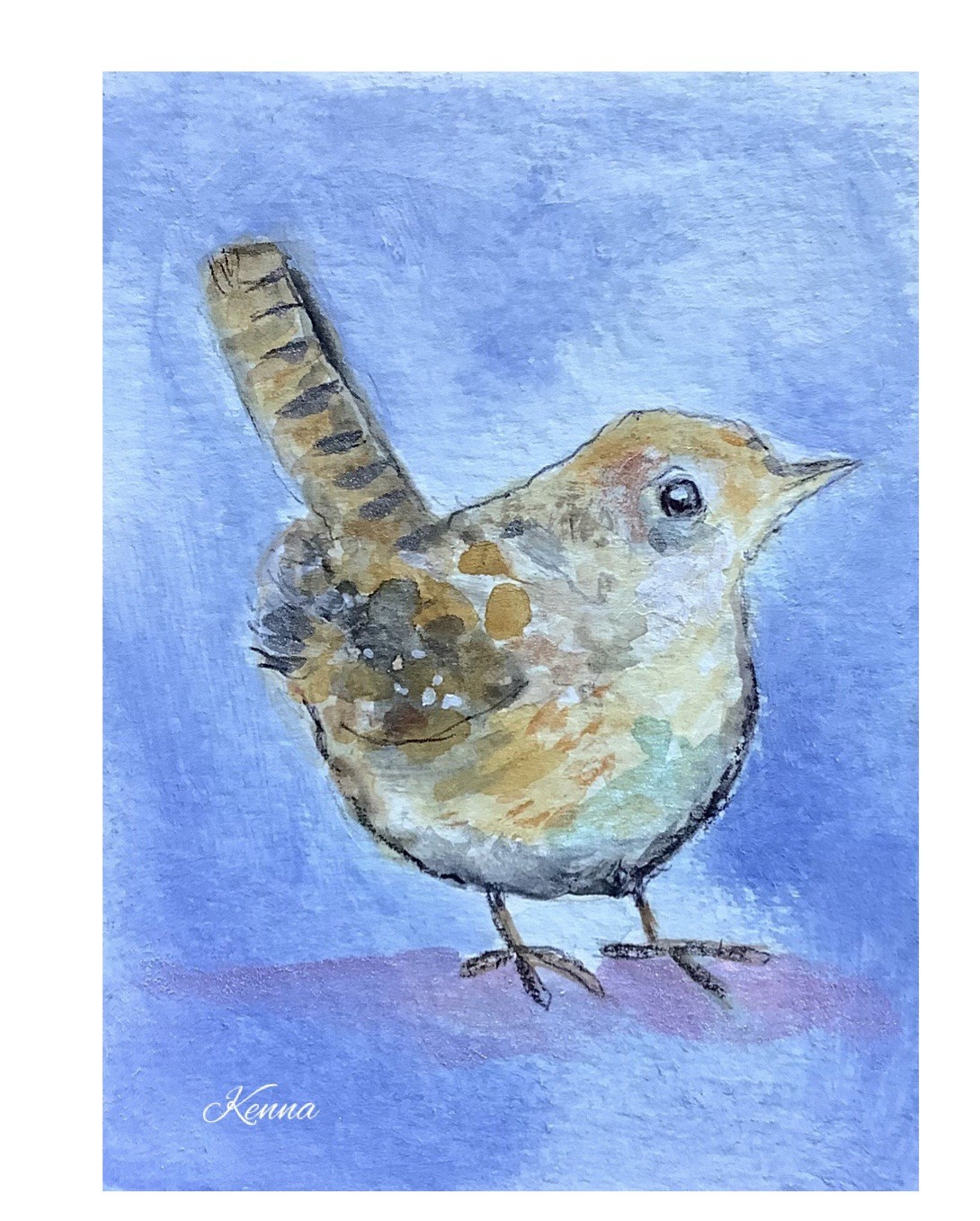 Painting ACEO Art Card By Kenna Original Wren Bird 2.5” X 3.5” Signed