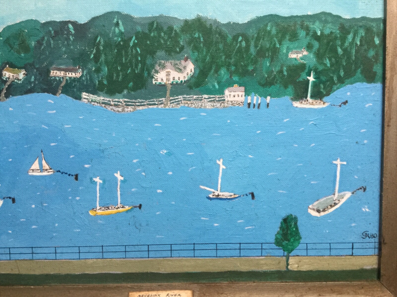 Fantastic Primitive Painting Navasink River at Marine Park Red Bank New Jersey !