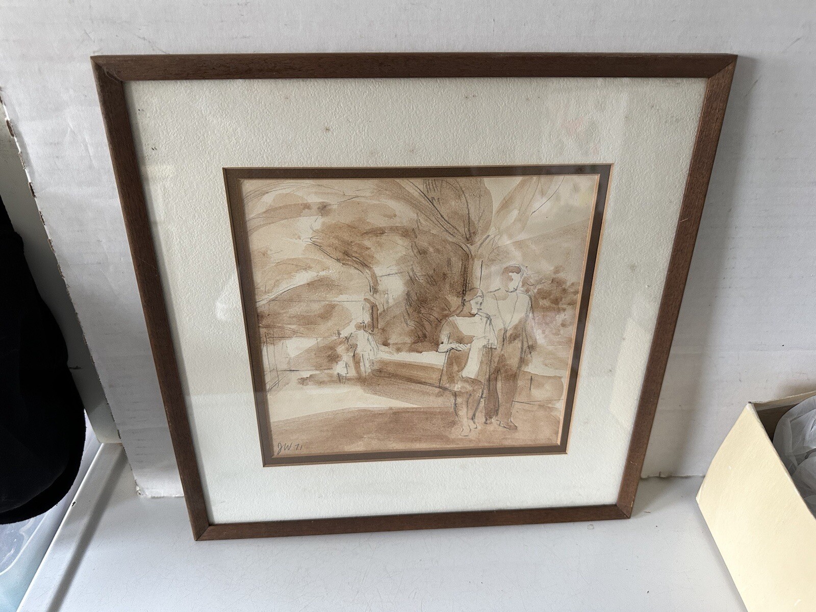 Dated 1971 Painting Pencil & Watercolor Modernist Original Frame Signed JW ’71.