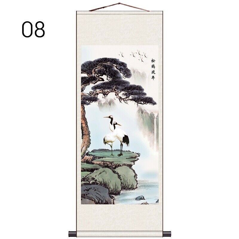 1PC Asian Silk Scroll Painting Crane Feng Shui Wall Hanging Artwork Framed