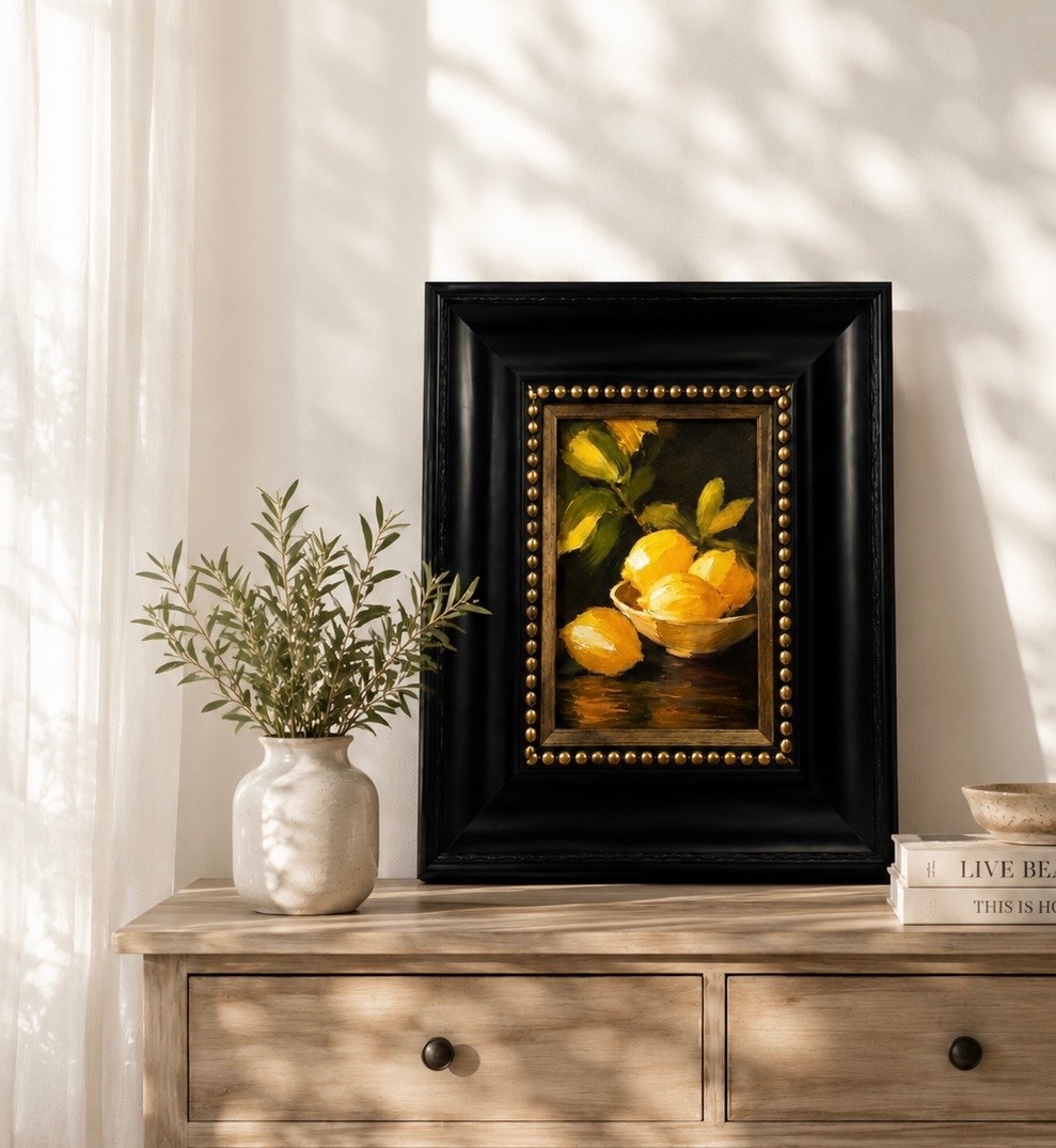 Lemon Still Life Impasto Textured Canvas Print Framed Black Gold Wall Art