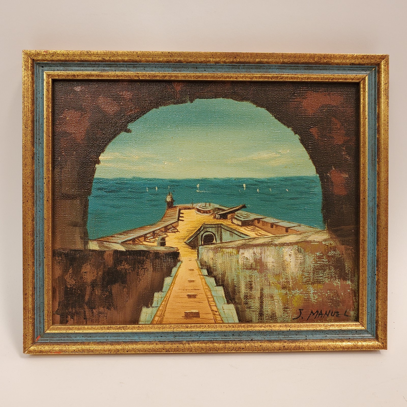 Vintage J Manuel Spanish Coastal Oil Painting Framed Palette Knife Seascape