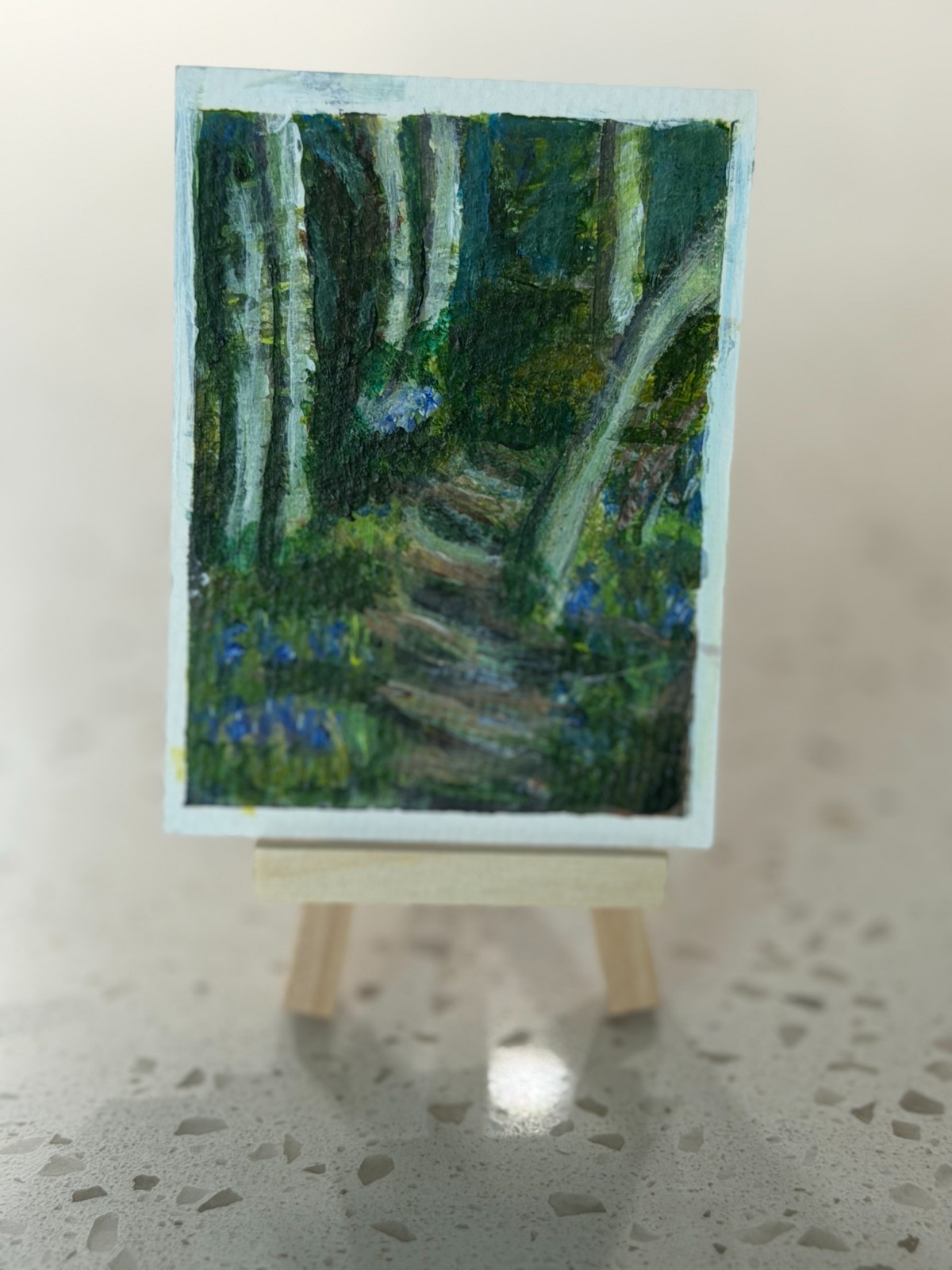 Aceo Woodland Walk landscape forest birch trees steps path purple flowers
