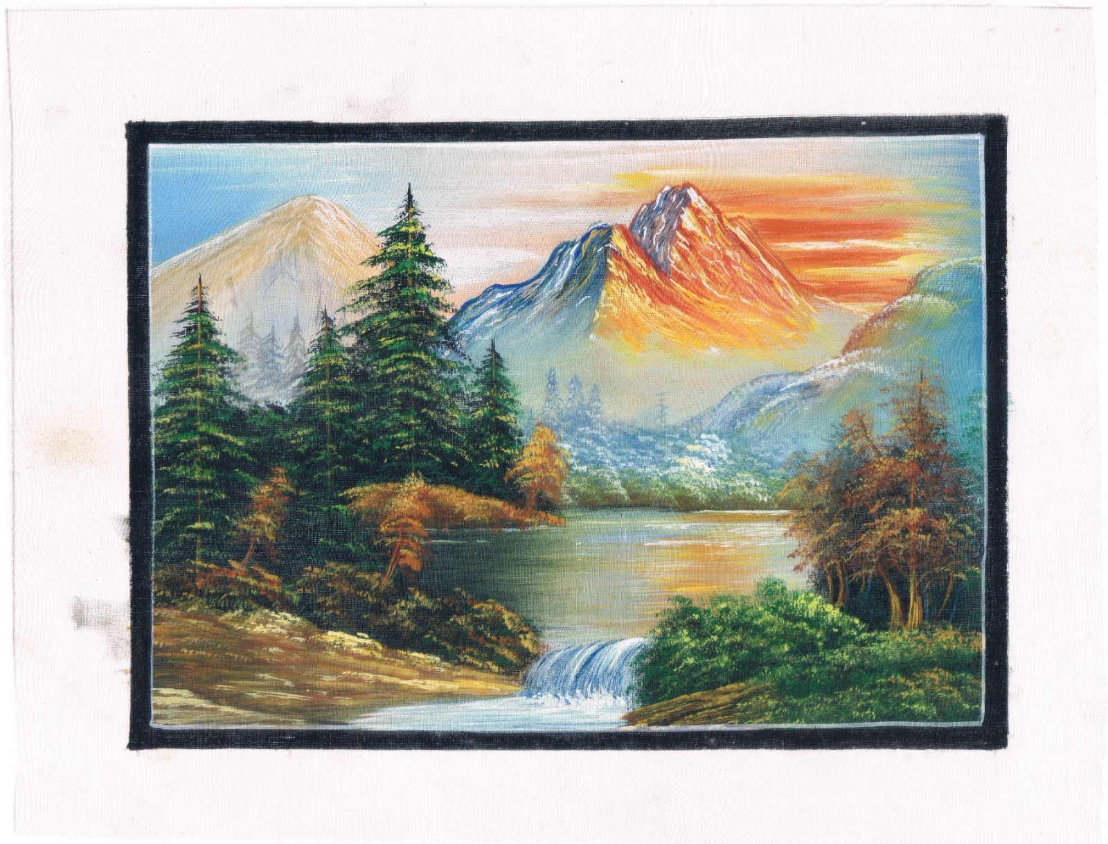 Beautiful view of river flowing through natural mountains on cloth9 x 7Inches