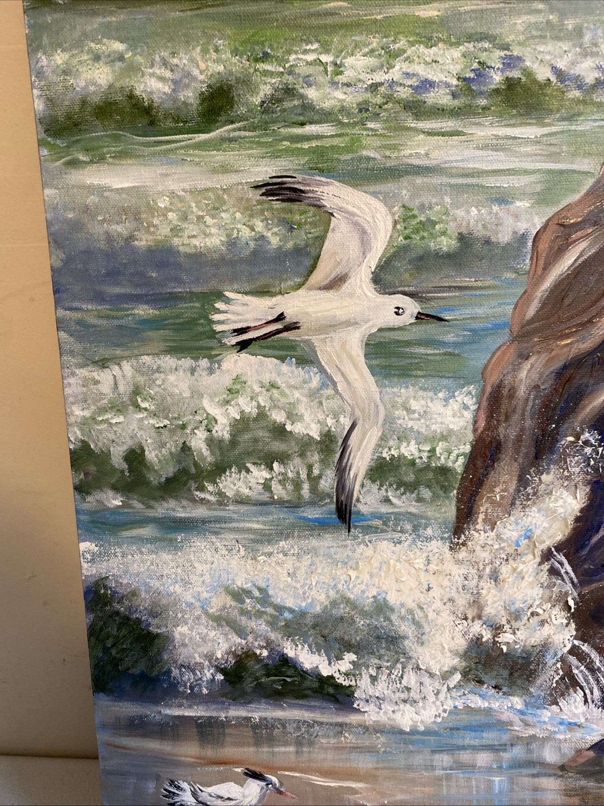 Seascape Lighthouse Acrylic Painting Signed WEBB Waves Crashing Rock Seagulls