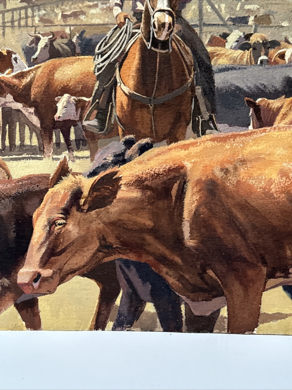 VINTAGE COWBOY PAINTING WESTERN RANCH COWBOYS FARM FARMING AMERICAN COWS