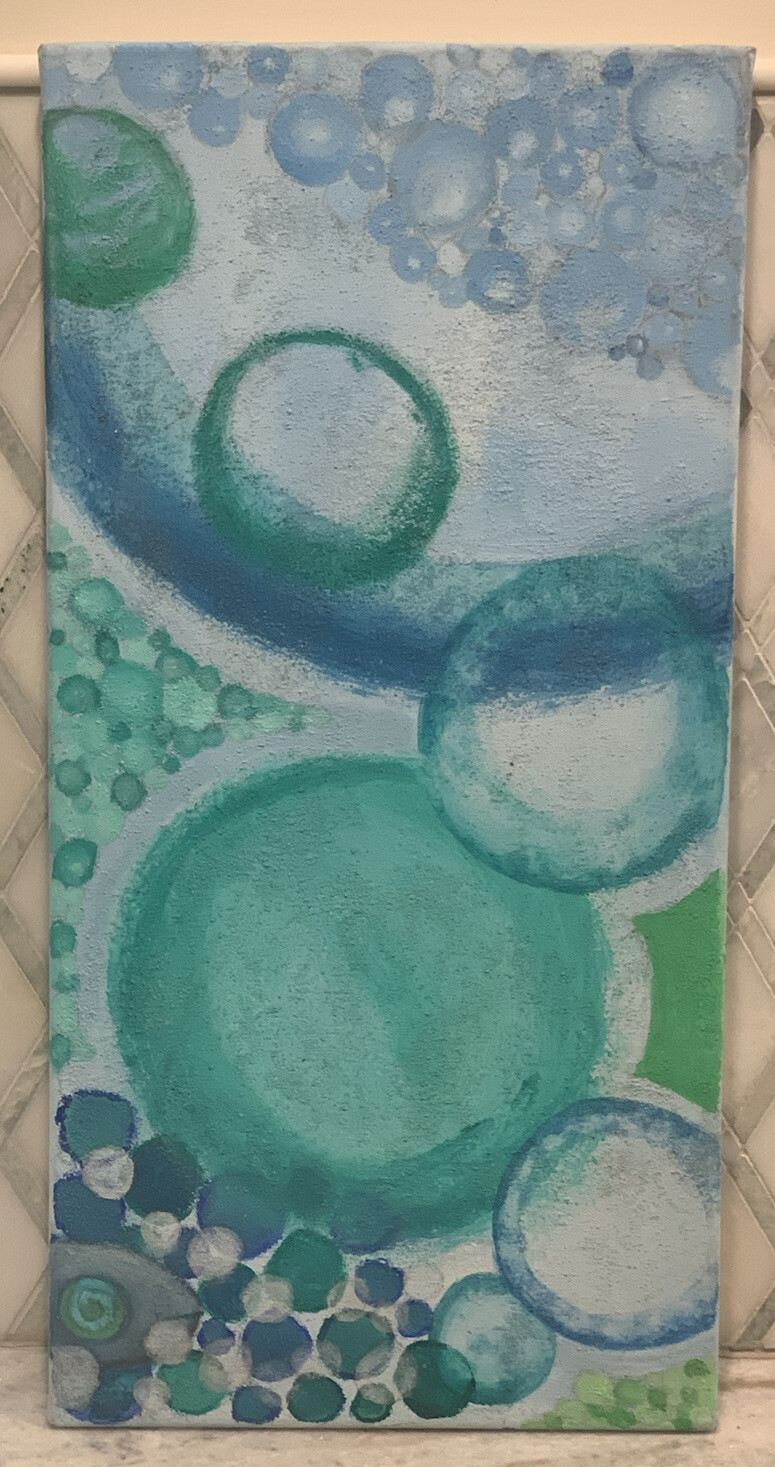 Original Modern Spheres Baubles Bubbles Shades Blue Green Oil Canvas 12”x24”